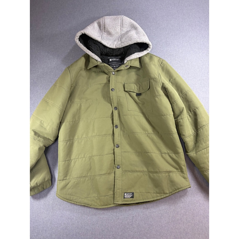 Matix Mens Quilted Shirt Jacket Olive Green Hooded Puffer Snap Front Medium